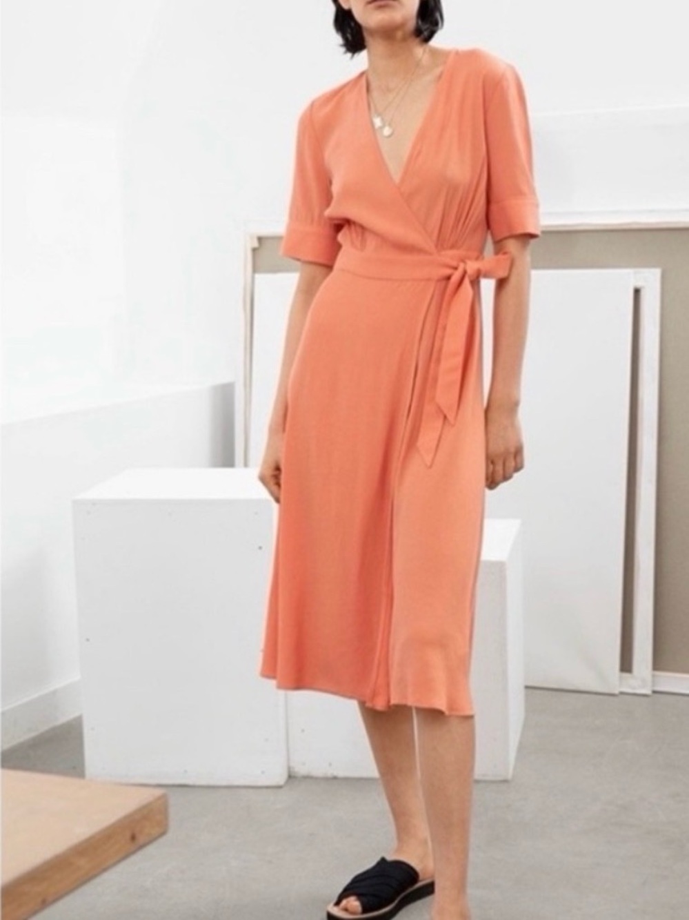 & Other Stories Wrap Midi Dress in Coral Peach NWT